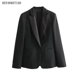 KEYANKETIAN New Launch Office Lady Crop Blazer Fashion Basic One-Button Double Pockets Slim Women's Black Suit Outerwear Top