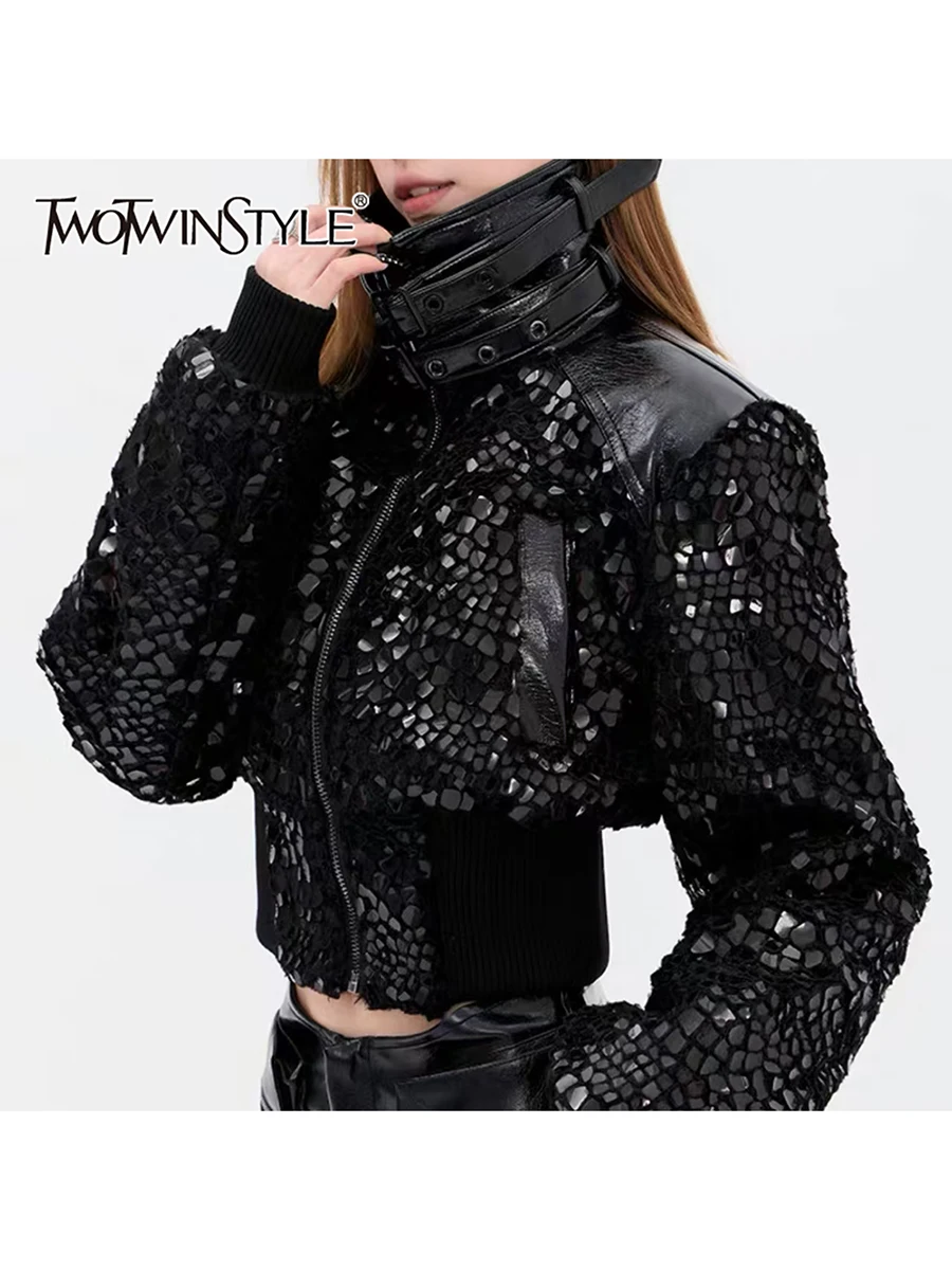 

TWOTWINSTYLE Solid Spliced Sequins Fashion Jackets for Women Lapel Long Sleeves Patchwork Lace Up Leather Jacket Female Clothing