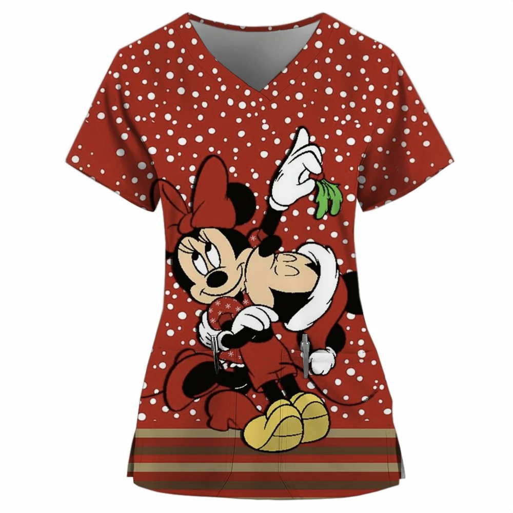 Nurse Uniform Women's Merry Christmas Disney Mickey Mouse Printed Short Sleeve V-neck Matte Work Clothes Medical Shirts Work Top