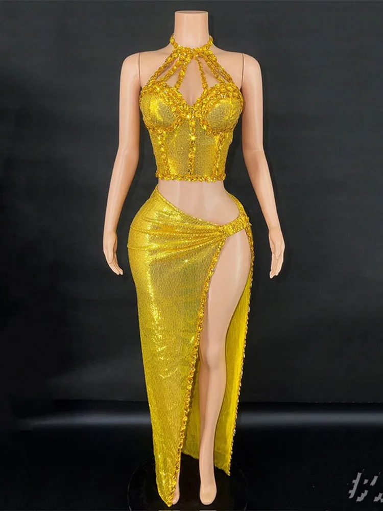 

High Quality Rhinestone Sequin Sexy Hanging Neck Top+Split Hip Skirt 2024 New Fashion Custom Fashionable Women'S Clothing
