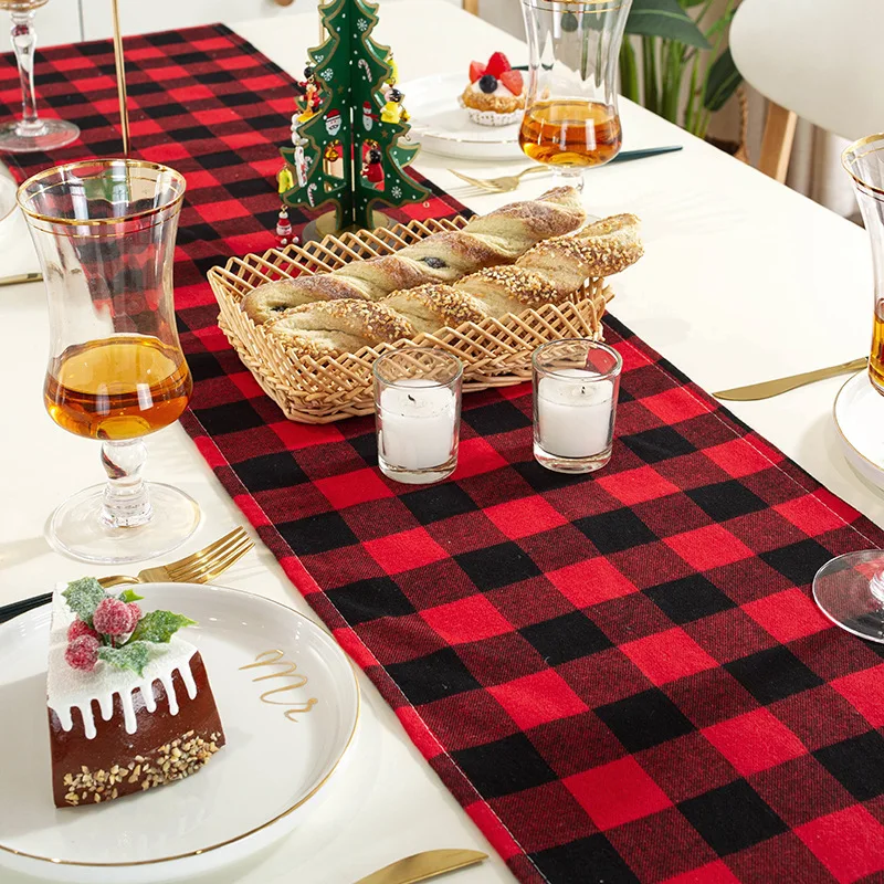 Double layers Plaid Table runner Red white Black Christmas Woven Polyester Cotton Table Placemats Home Party Dining Decor