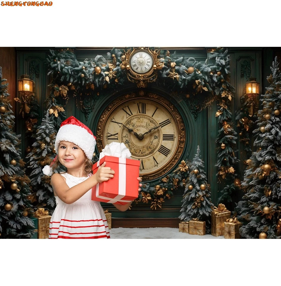 Green Christmas Clock Backdrop Xmas Tree Gifts Baby Kids Portrait Family New Year Party Photography Background Decor Photostudio