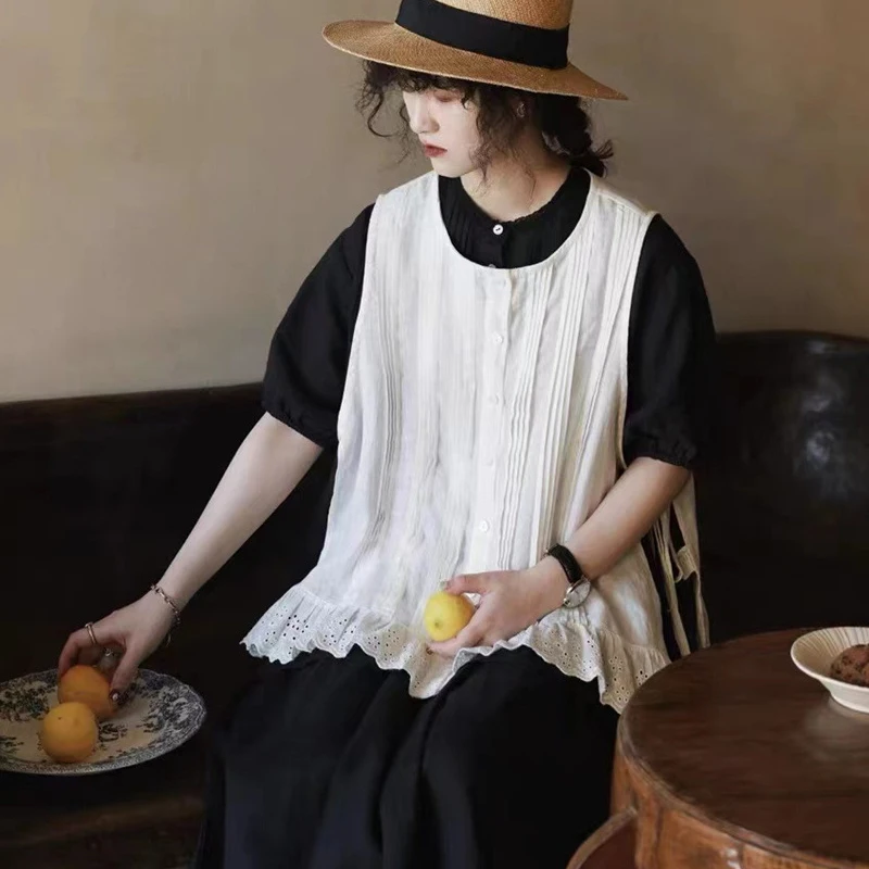 Johnature Korean Version Mori Women Pleated Heavy Industry Ramie Lace Vests 2024 New Summer Layering All Match Casual Tops