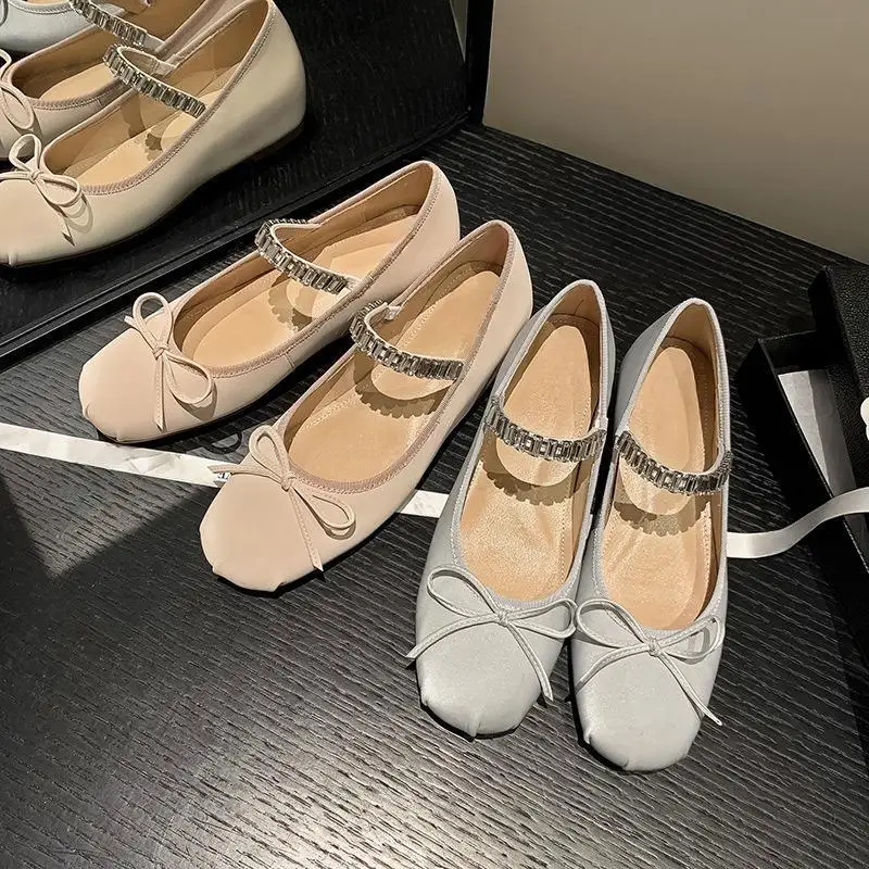 

2024 Summer New Round Head Bow Nude Pink One Line with rhinestone Ballet Flat Bottom Mary Jane Single Shoes