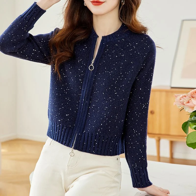 Damski kardigan z dzianiny na jesień 2025, nowy styl, łączony, okrągły dekolt, zapinany na zamek, jednolity kolor, zachodni styl, cekinowy, z długim rękawem.