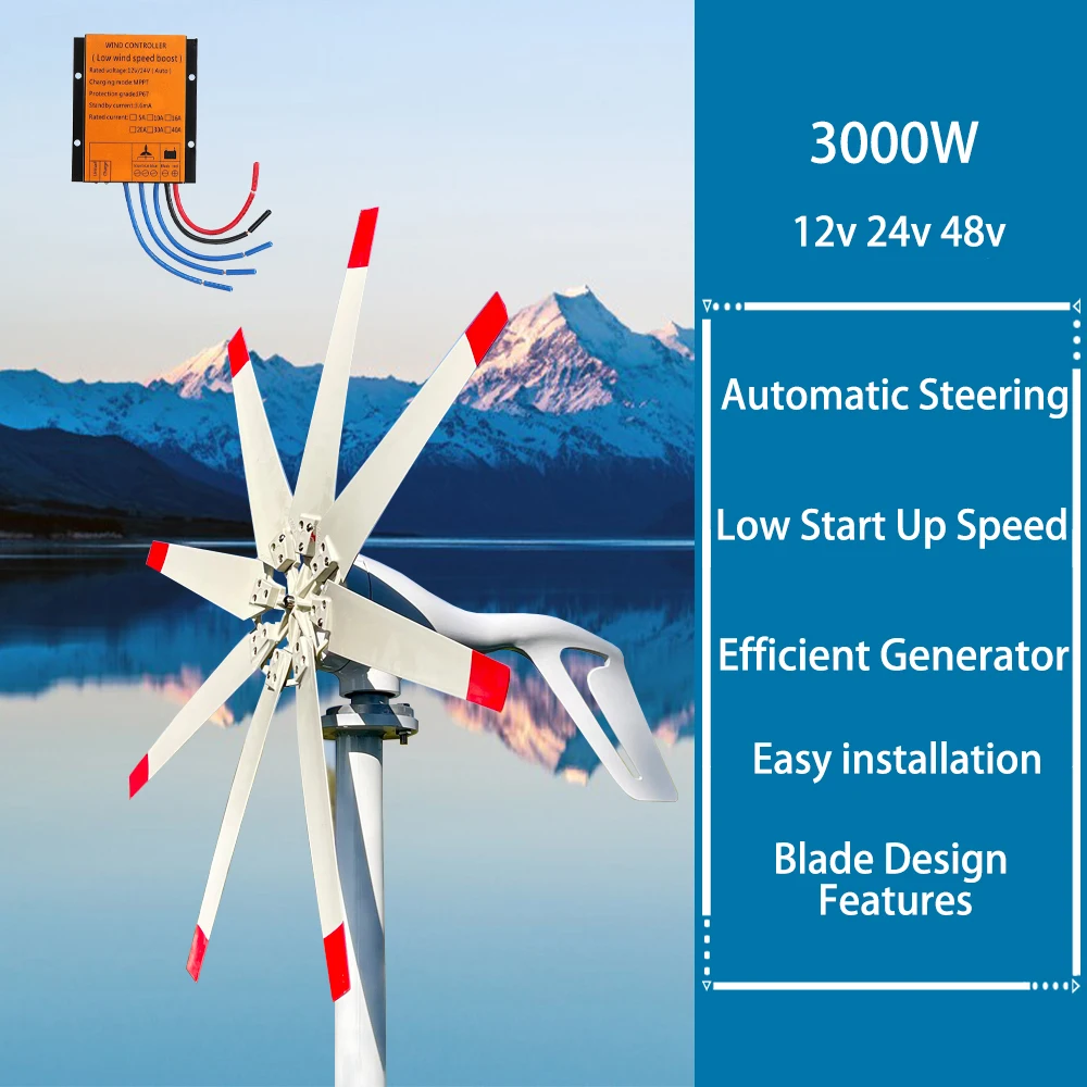 3000w 3kw Horizontal Wind Turbine Generator 48V 24V 12V Power Magnetic Dynamo Free Energy Windmill Home Appliance Solar Camping