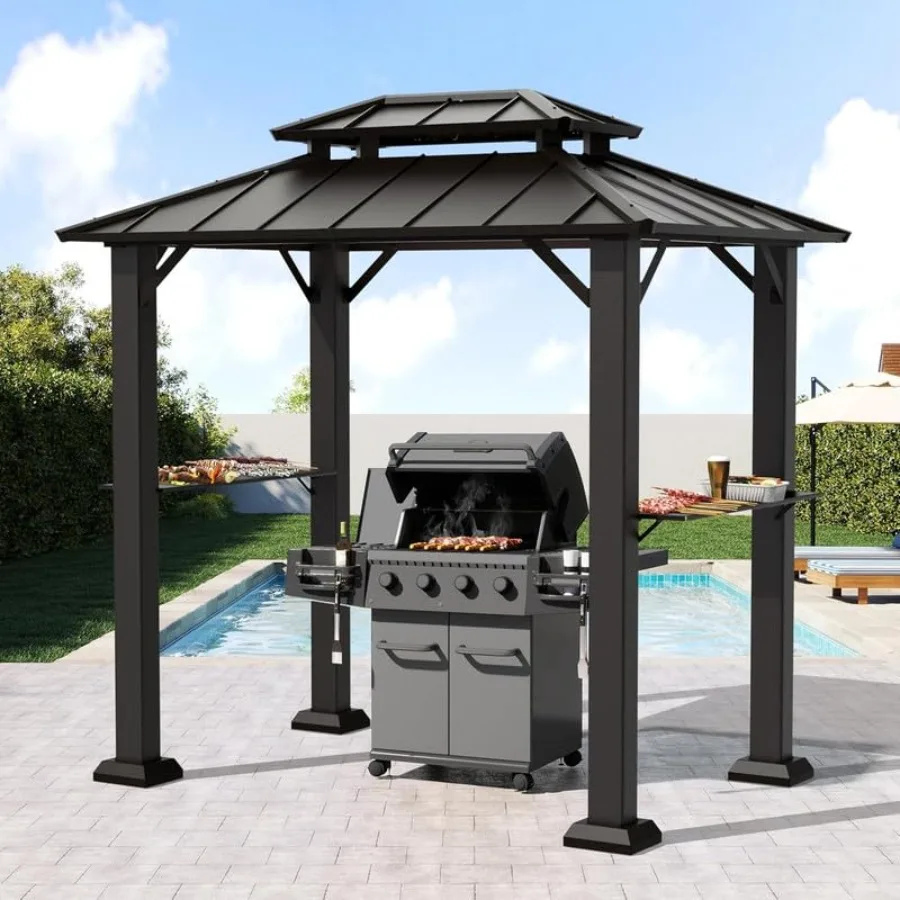 Grill Gazebo, Outdoor Hardtop Gazebo with Galvanized Steel Double Roof BBQ Grill Canopy with Aluminum Frame, 2 Side Shelves for