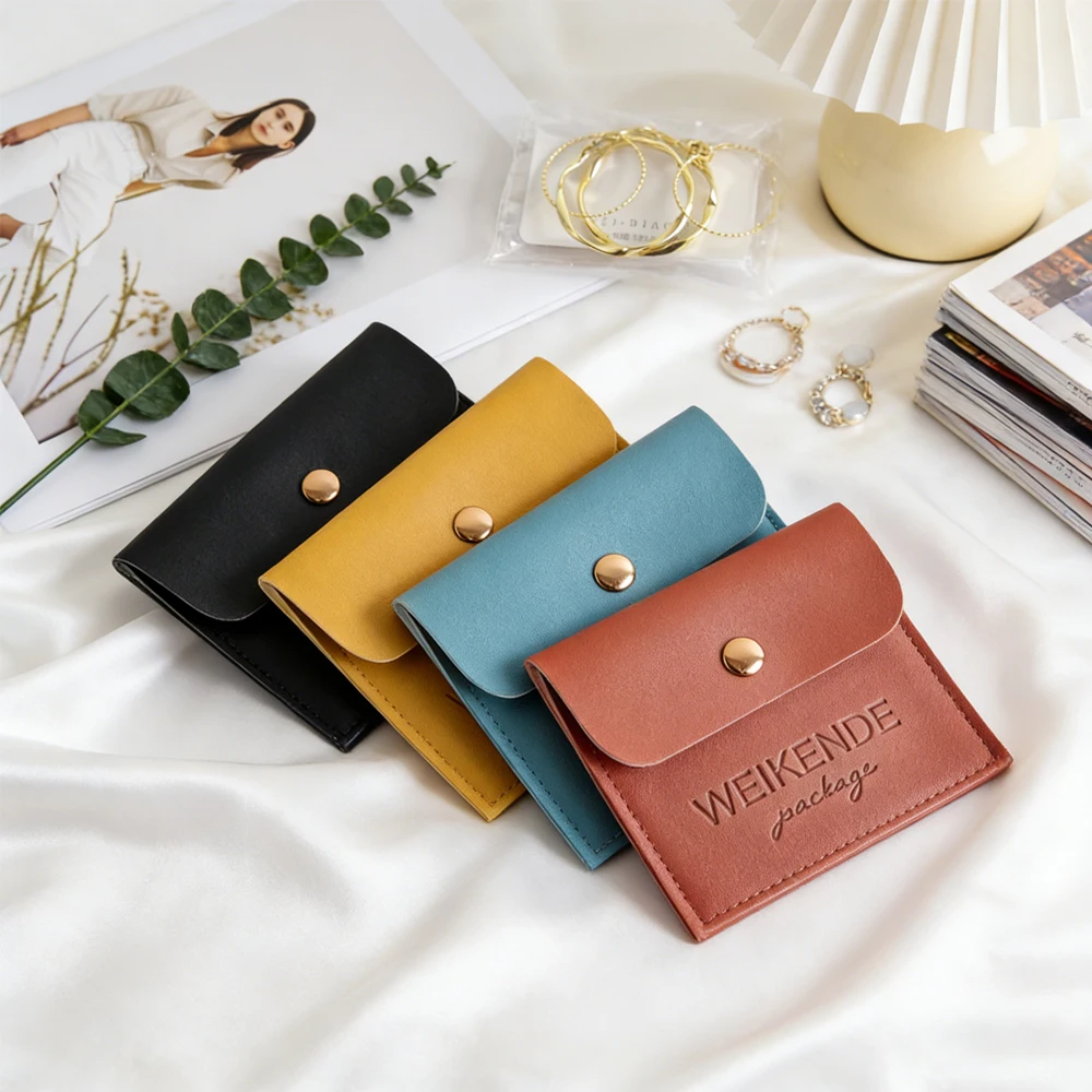 

50/100pcs Personalized Logo Jewelry Leather Snap Bag 8x8cm PU Jewellery Rings Packaging Button Pouch Boutique Display Pockets