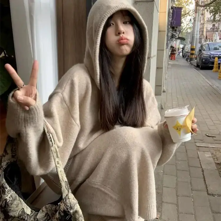 Korean V-Neck Two Piece Set Skirt Sweater Casual Women Knitted Pullover Sweater High Waist Skirt Fashion Winter New Clothing