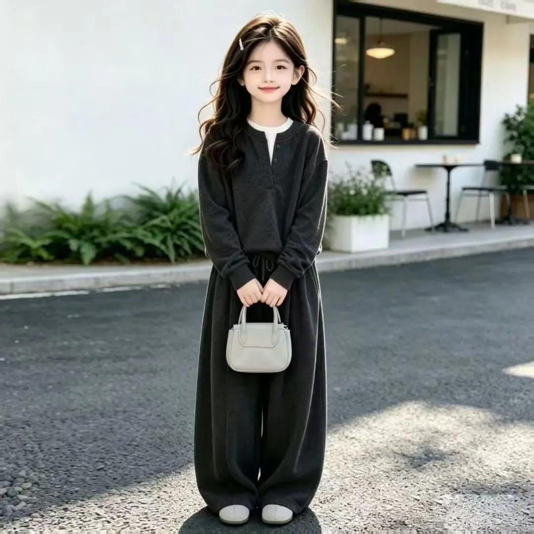 Spring and Autumn Set New Children's Loose Sweatshirt+Wide Leg Pants Two Piece Set 120-170cm