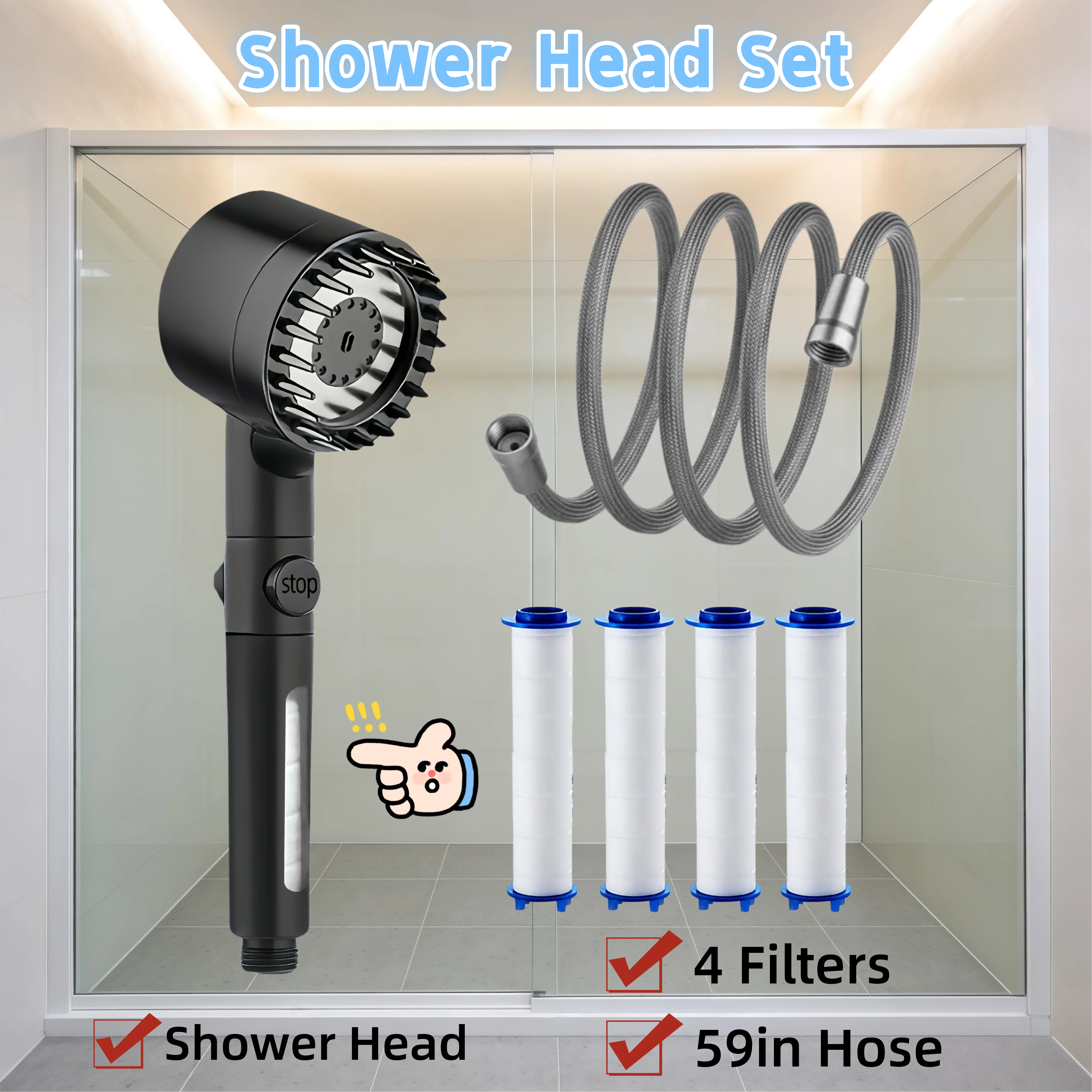 

Black High Pressure Water Saving Shower Head Set 3 Modes Adjustable with 4 Filter Cartridge 59in Hose