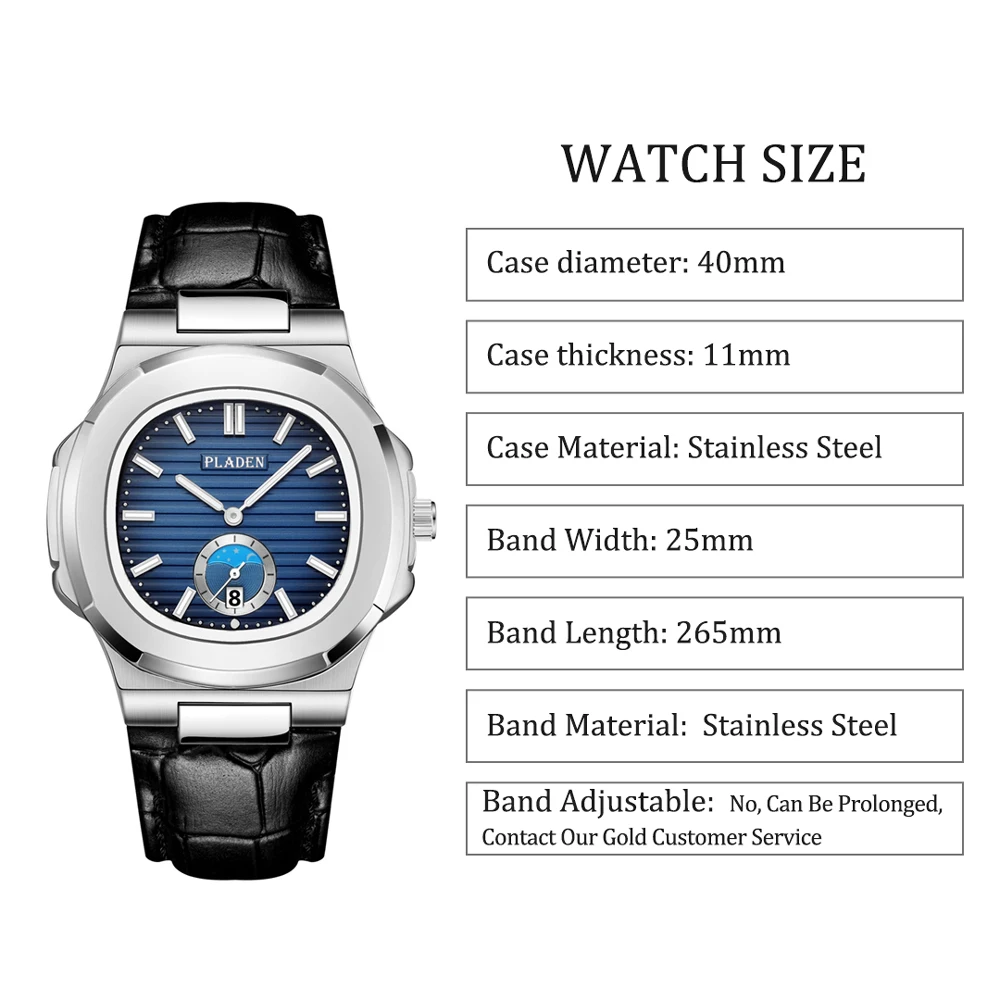 PLADEN Luxury Brand Men\'s Watches Square Stainless Steel Waterproof Analog Quartz Watch Auto Calendar Geneva relógio masculino