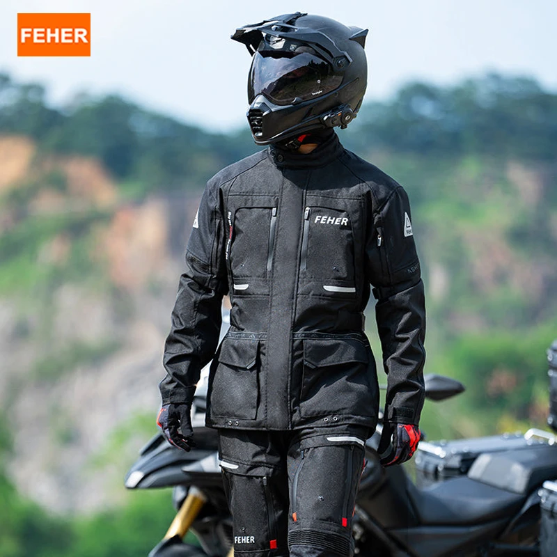 FEHER JK-065 Men's 3-Layer All Season Motorcycle Touring Suit, Windproof Waterproof Durable Riding Jacket & Pant Protective Set
