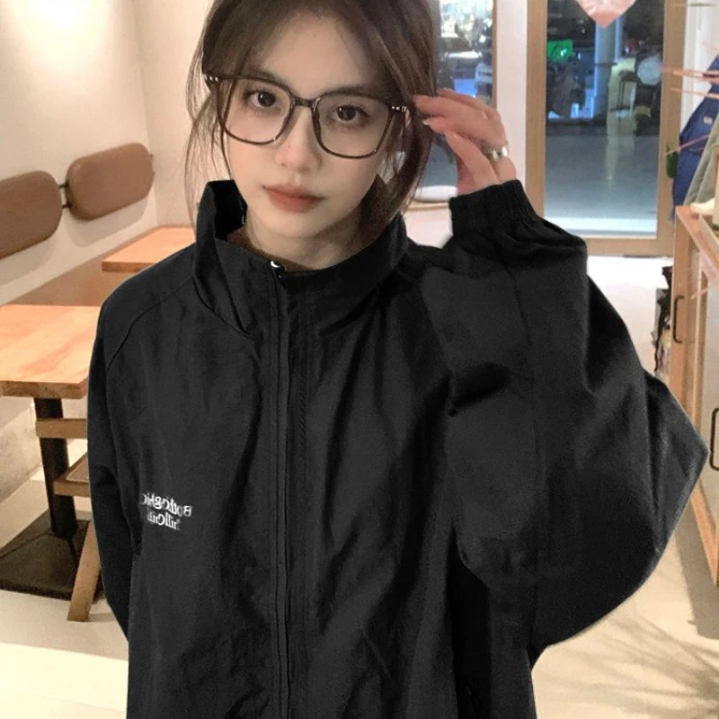 

Deeptown Vintage Black Jacket Windbreaker Women Korean Fashion Streetwear Oversize Jackets Outdoor Harajuku Style Track Coats