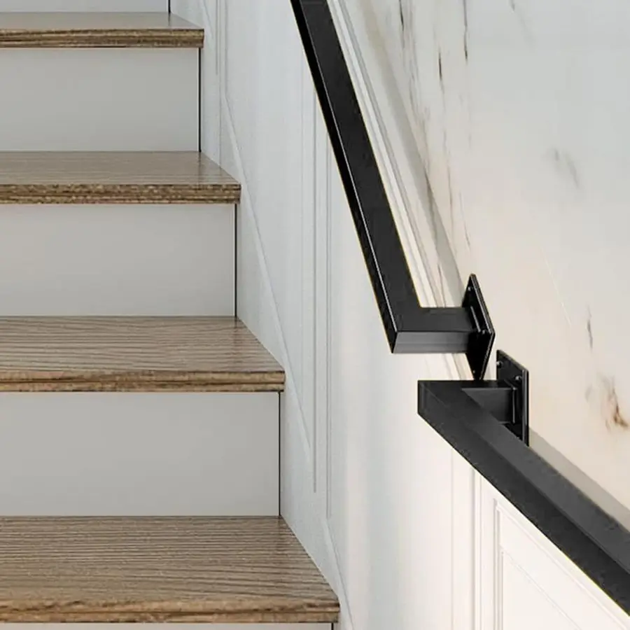 Black Iron Hand Railing, Sturdy Safety Staircase Handrails Wall Mount, 500lbs Load Capacity Industrial Iron Railing Pipe Handrai