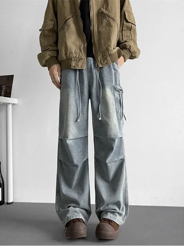 

Мужские джинсы Waed Blue Workwear: свободный крой, прямые штанины, длинные брюки с большими карманами, американский ретро-стиль, весна-осень