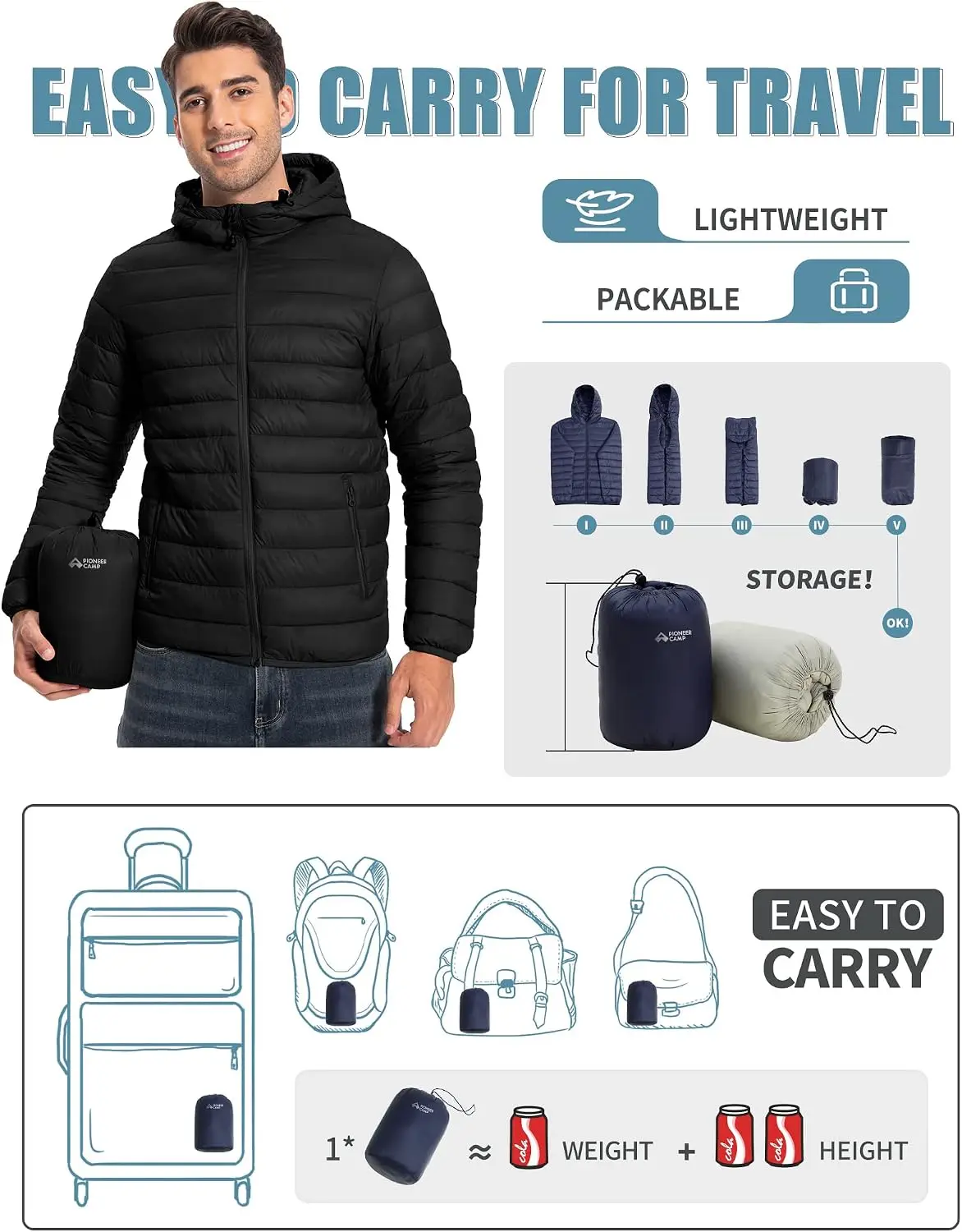 เสื้อแจ็คเก็ตพัฟเฟอร์น้ำหนักเบาสำหรับผู้ชาย ยี่ห้อ Pioneer Camp แบบมีฮู้ด บุฉนวนกันความร้อน เหมาะสำหรับวิ่งและเดินทางในฤดูหนาว