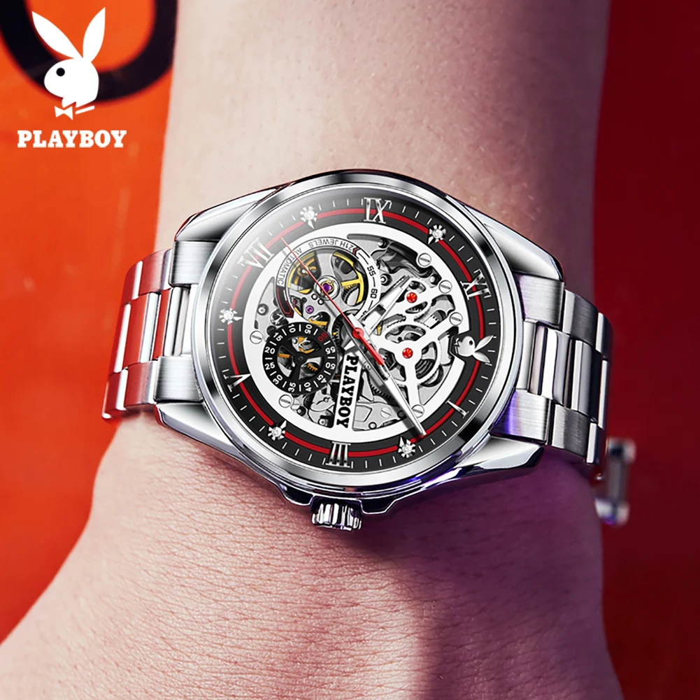 PLAYBOY Fashion Business Watch for Men Stainless Steel Automatic Mechanical Man Watch Original Luxury High Quality Men\'s Watches