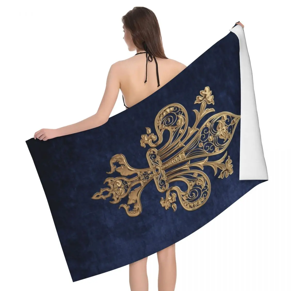 Custom Gold Filigree Fleur De Lis Beach Towel Fleur-De-Lys Lily Flower Breathable Microfiber Pool Towels