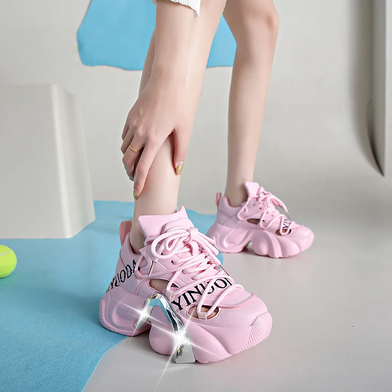 Summer Shiny Sequins Chunky Platform Sneakers Women Breathable Lace Up Height Increase Shoes Woman Fashion Cute Pink Sneakers