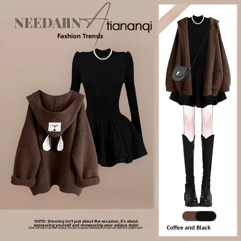 

Elegant Autumn Outfit Women's College Style Loose Youthful Hoodie with Slimming Dress Two-Piece Set Fashionable Casual Wear