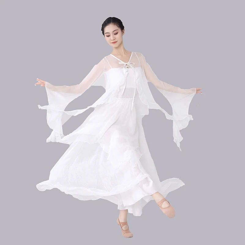 Dance Clothing Elegant Mesh Pleated Edges Asymmetrical Dance Dress Cardigan Camisole Culottes Pants Solid Color Three Piece Set
