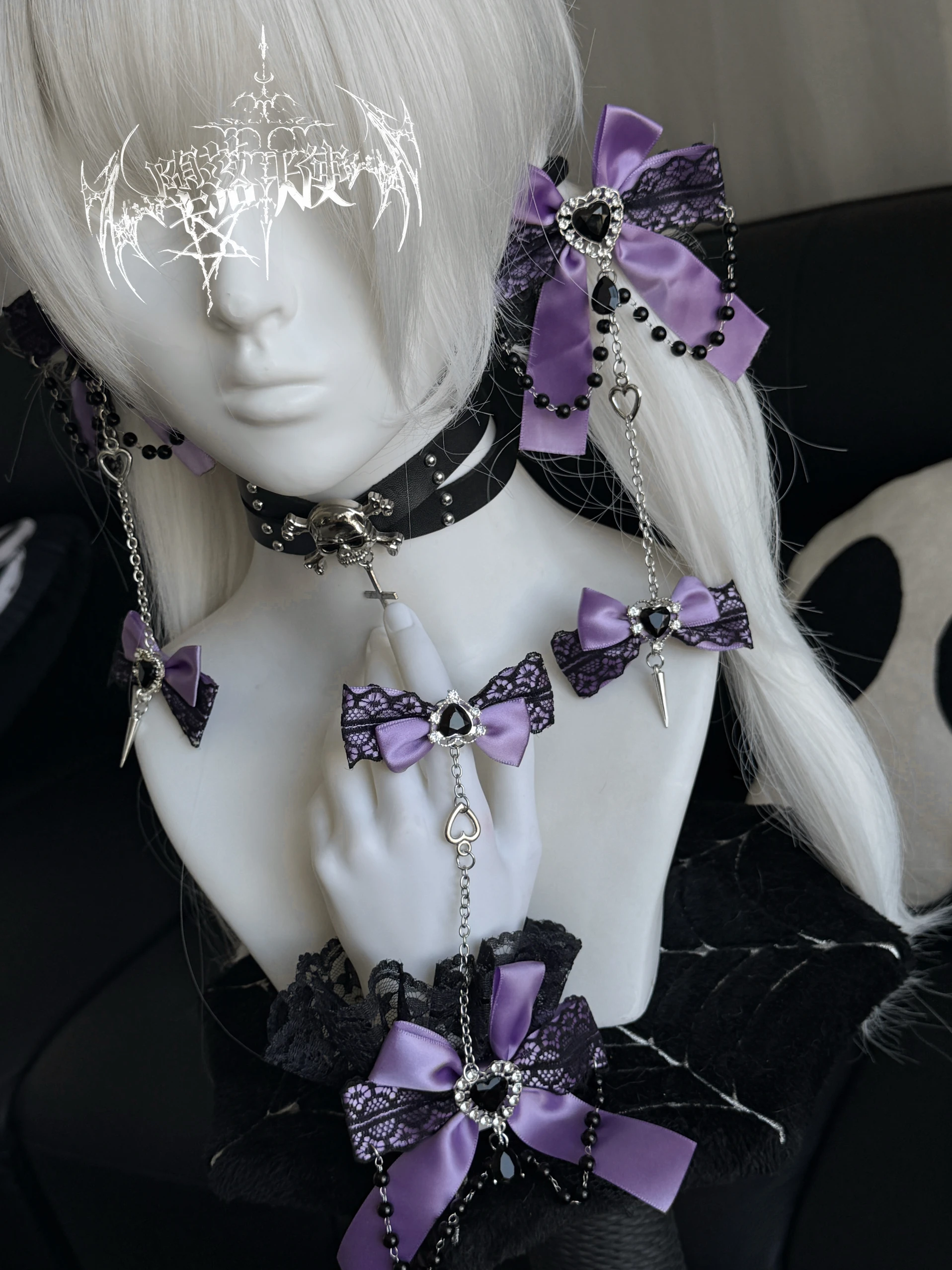 

Japanese Original Cute Lace Lolita Bow Chain Hand Sleeves Gothic Subculture Y2k Rhinestone Hair Accessories Edge Clips for Women