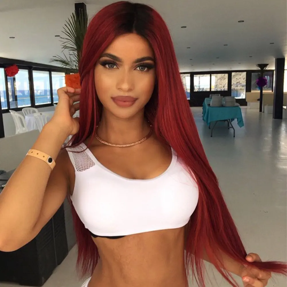 

Women Long Straight Ombre Red Wig Middle Part Natural Wigs