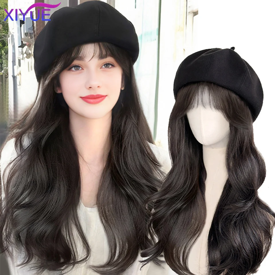 XIYUE  Hat and wig all-in-one women's winter new internet famous long curly hair beret wig women's natural full head set