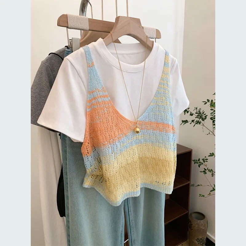 Summer Women's Knitted Short Sleeve T-Shirt Gradient Color round Neck Soft Cotton Basic Style Not Repeating Pattern Fashionable