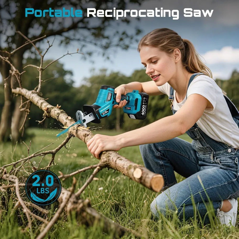 Gergaji Bolak-balik Tanpa Kabel dengan Motor Tanpa Sikat, 3500 RPM, 8 Mata Pisau, 2 Baterai, Lampu LED untuk Memotong Kayu dan PVC