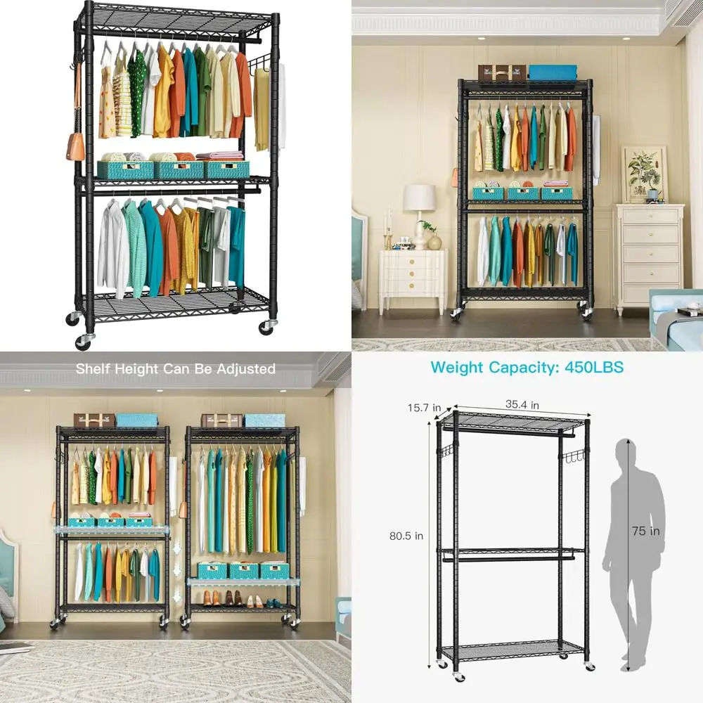 

Heavy-Duty 3-Tier Adjustable Rolling Metal Closet Organizer with Lockable Wheels, Freestanding Wardrobe Storage Solution