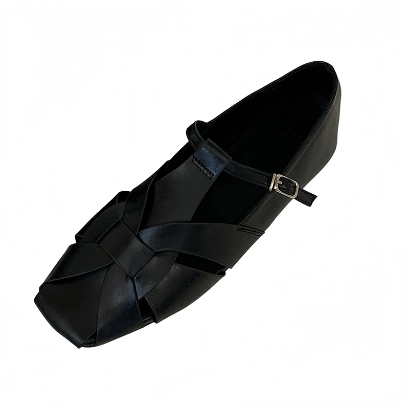 Black Flats Woman Shoes Summer Belt Weaving Mary Jane Shoes Retro Ladies Pumps Gold Flat 2026 Comfort Silver Heels