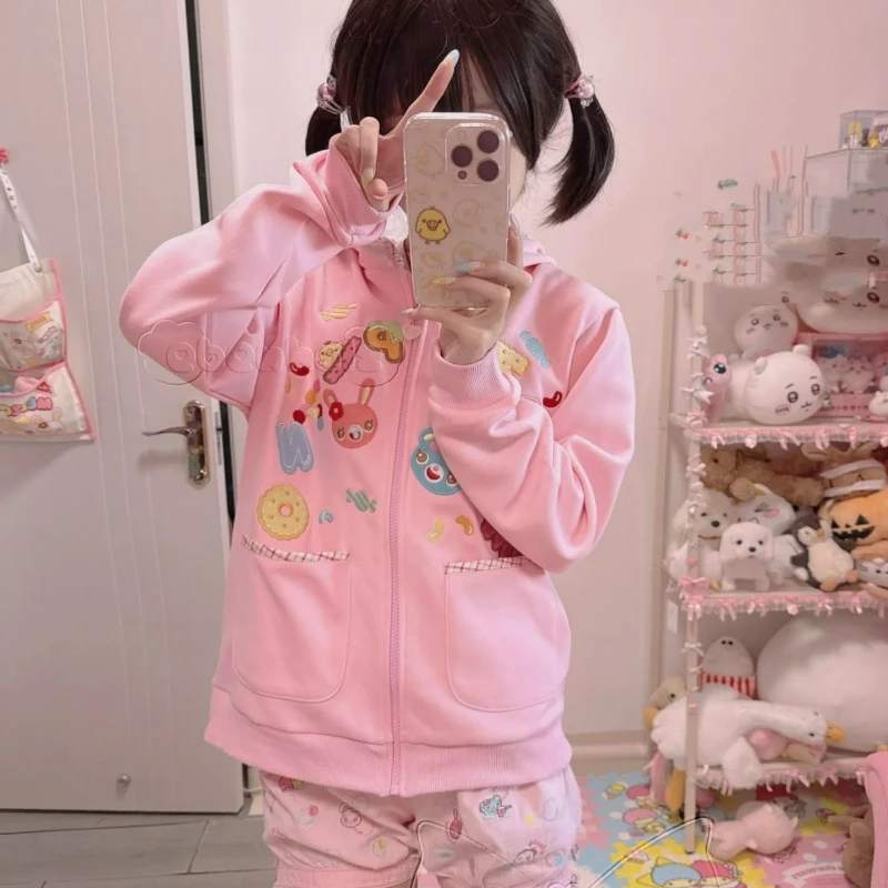 الوردي Kawaii منقوشة هوديس معطف اليابانية 2025 الملابس النسائية Y2k سستة طويلة الأكمام مقنعين الكرتون نمط جيب بلوزات