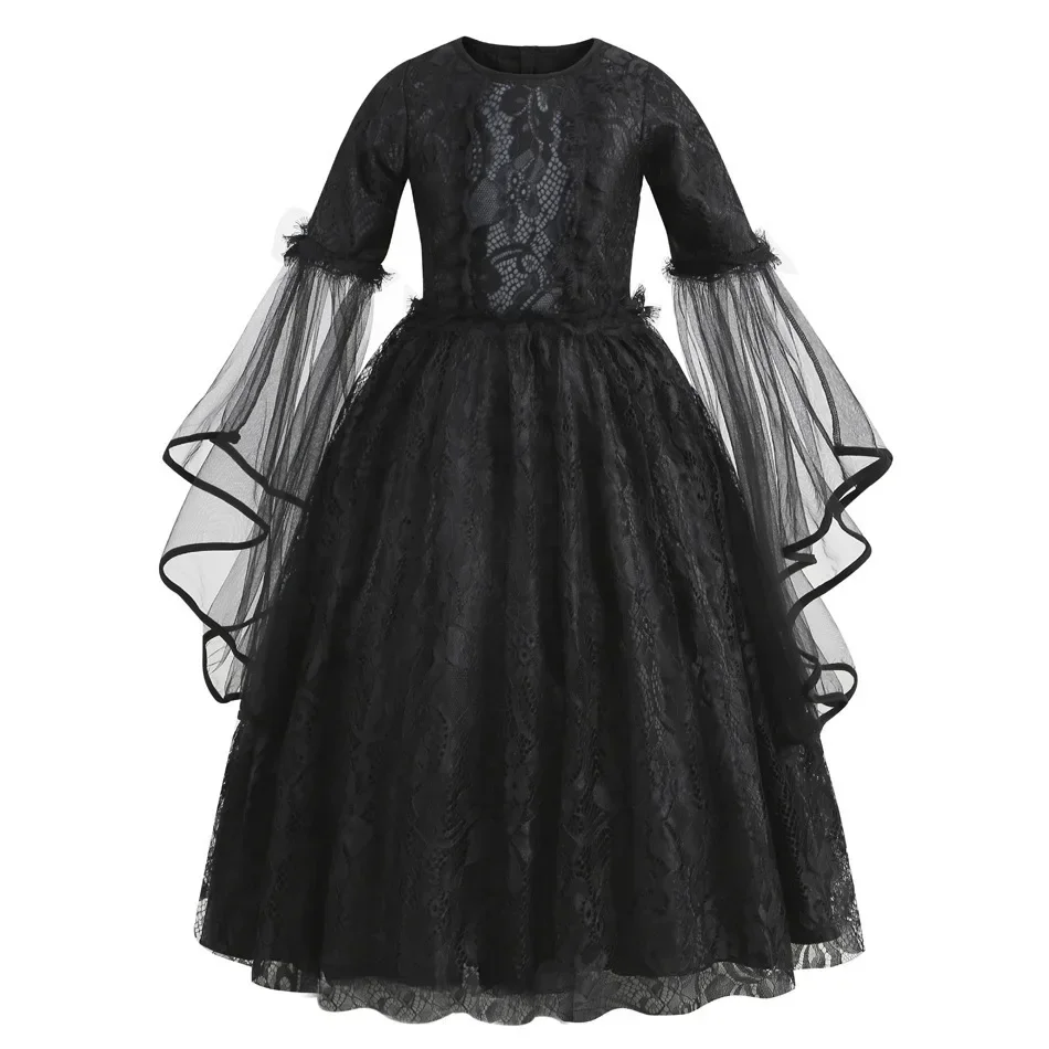 Vampir-Königin Cosplay-Kostüm Mittelalterliches Gotisches Schwarzes Kleid mit Spitzenstickerei Mädchen Halloween-Party Rollenspiel Ausgefallenes Outfit – Detail 4