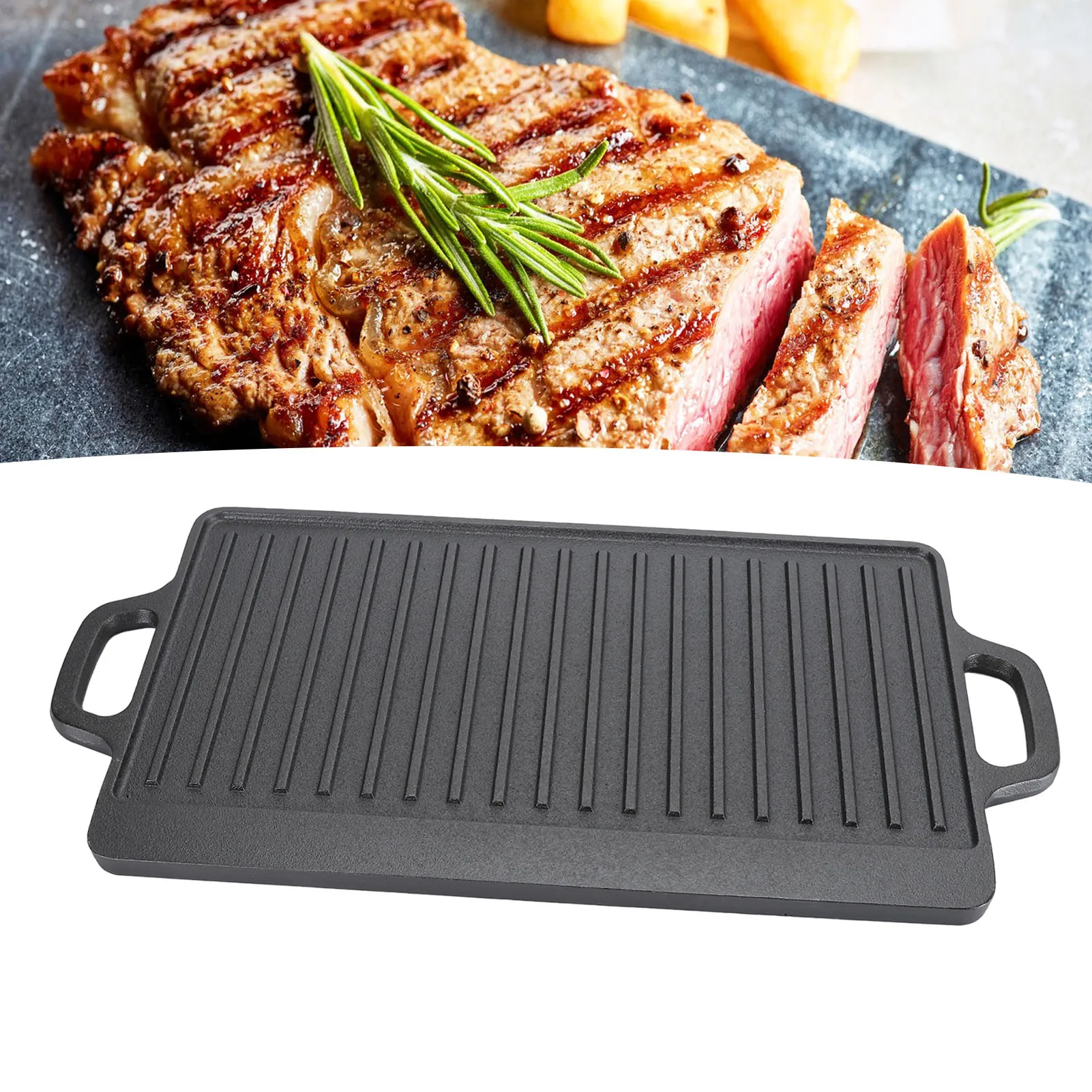 

Cast Iron Rectangular Grill Large Space Easy Cleaning Multipurpose Uniform Heating Cast Iron Griddle Double Ears for Gas Grill