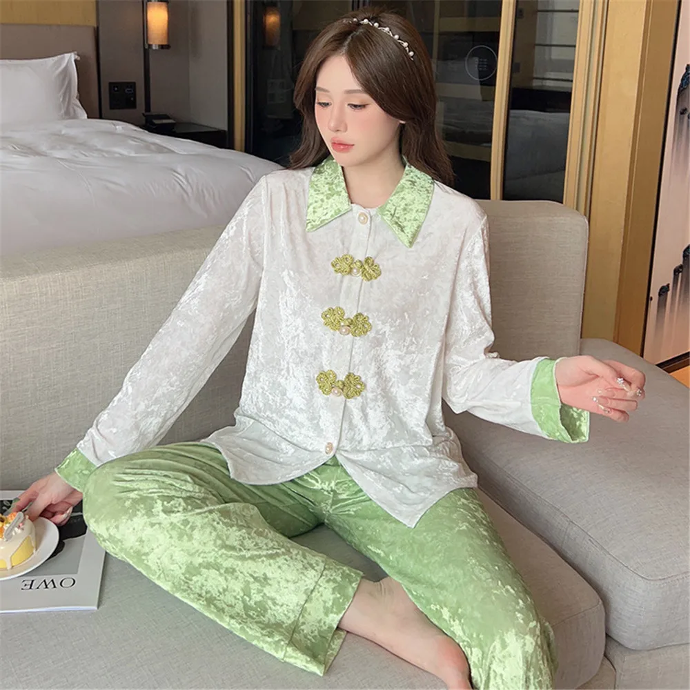 Autumn Winter Women 2PCS Pajamas Set Fashion Velvet Sleepwear Trouser Suits Loose Velour Home Clothes Lounge Wear