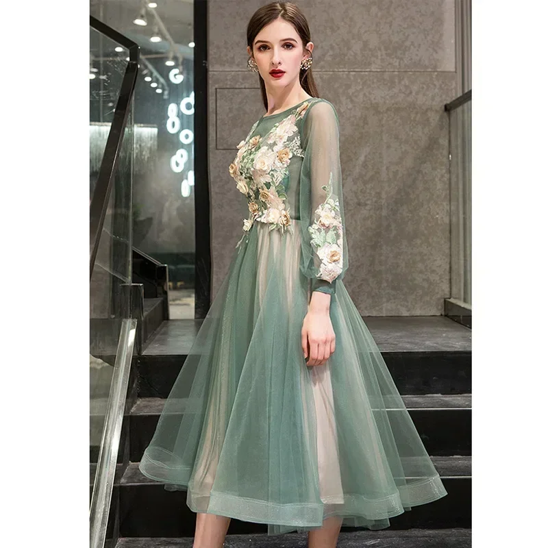 It\'s Yiiya Evening Dresses Green Appliques Floral O-Neck A-line Tea-length Plus Size Robe De Soiree Women Party Formal Gown E773