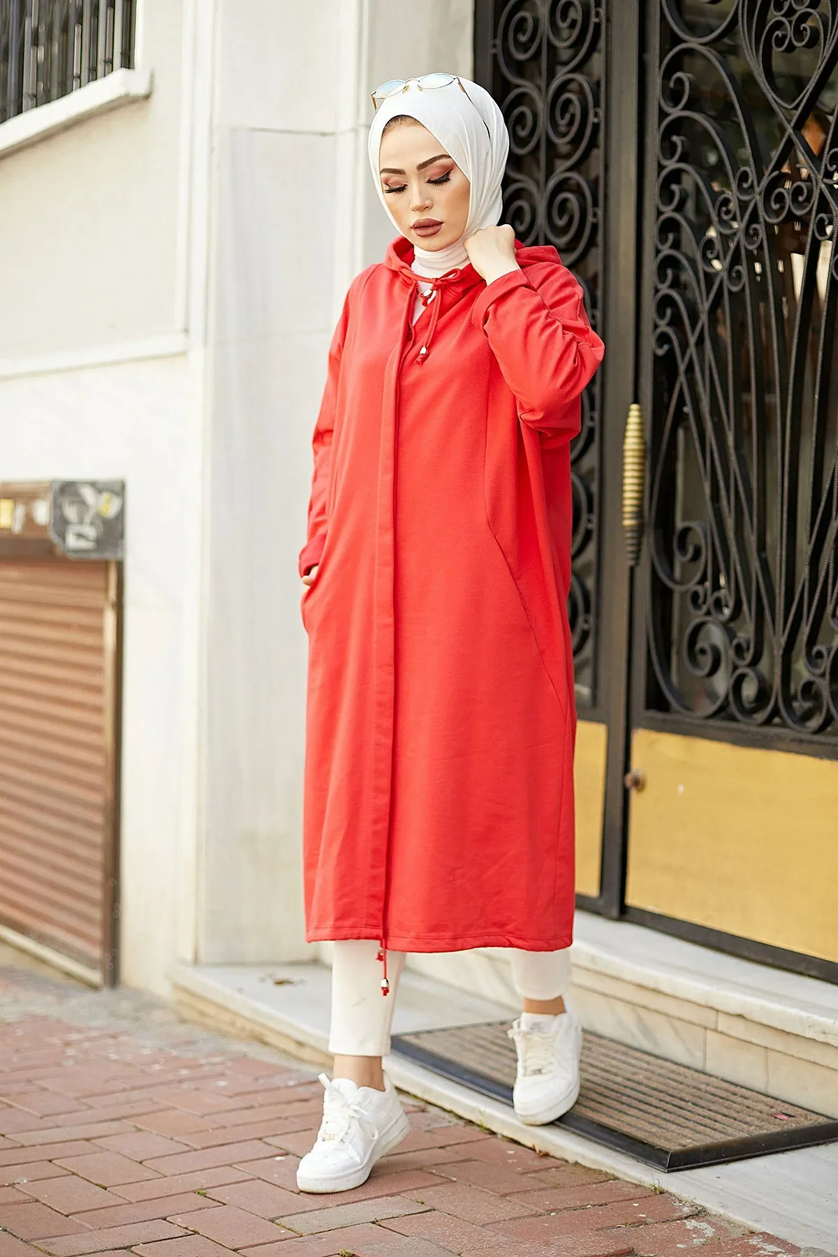 MDK Fronting Thông Qua Lỗ Nút Áo Hoodie Muối Áo Thun-Lựu Hoa Mùa Thu Đông 2021 Phụ Nữ Hồi Giáo Hijab Khăn Trùm Đầu Hồi Giáo thổ Nhĩ Kỳ