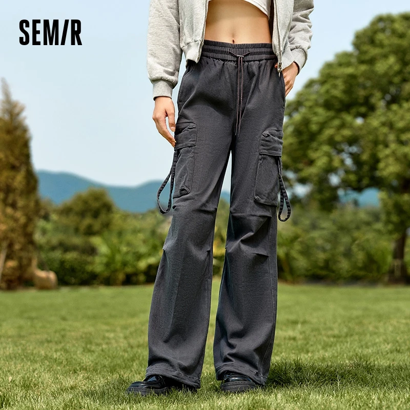 Semir Casual Pants Women Fleece Distressed Work Pants American Retro Style Winter Elastic Waist Cool Street Wide-Leg Pants