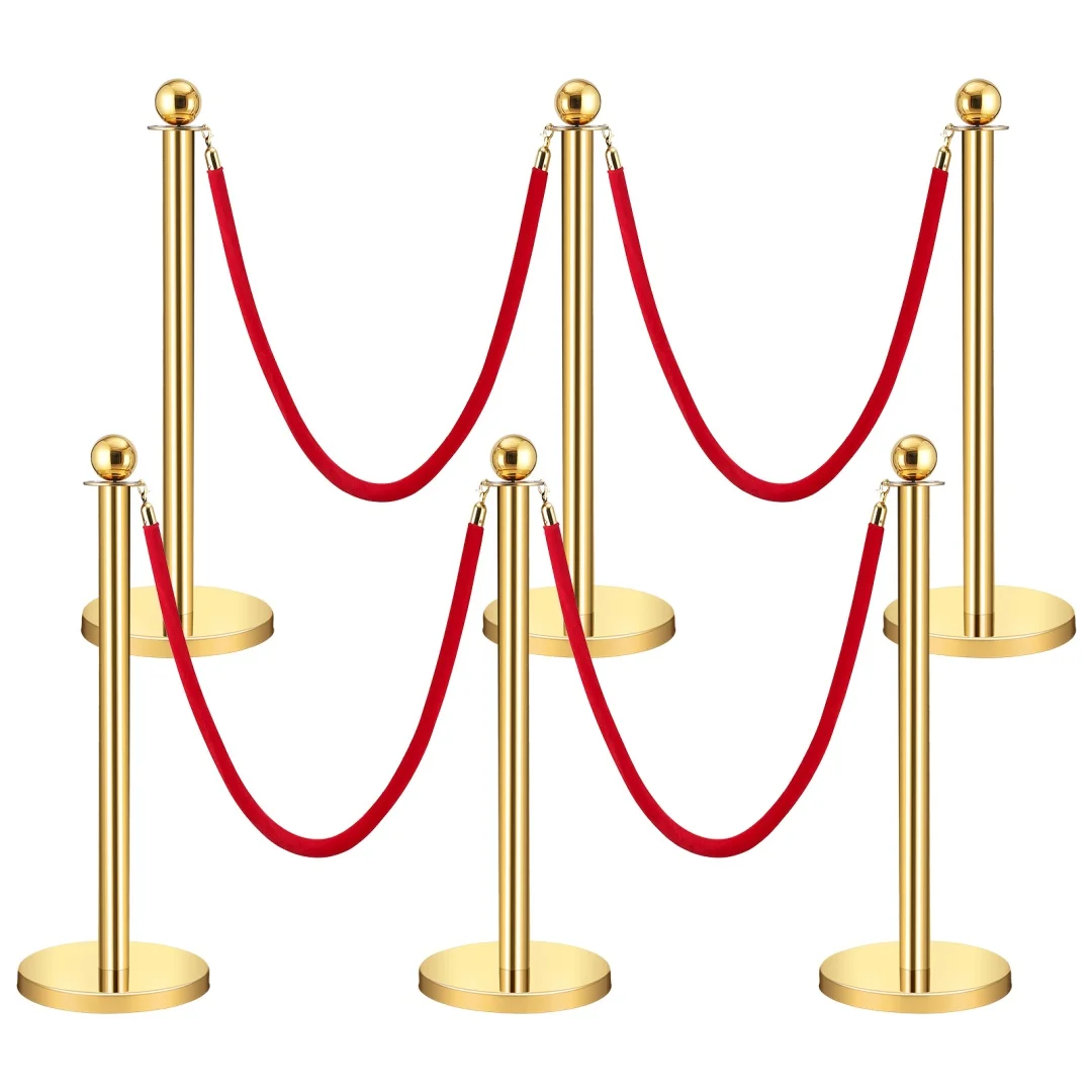 6PCS Stanchion Post, Crowd Control Barriers, 5 ft Red Velvet Rope Red Carpet Ropes and Poles, Stainless Steel Gold Stanchions