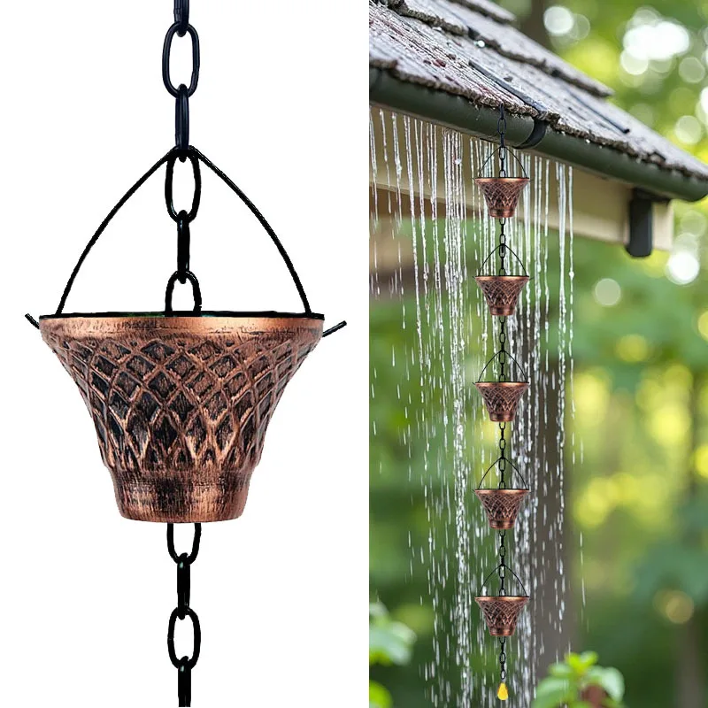 8 Cup Metal Copper Lattice Rain Gutter Chain - 180cm Outdoor Drain Divider and Rain Extender
