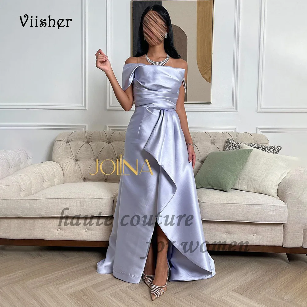 

Lilac Satin A Line Evening Dresses with Slit Off Shoulder Arabic Dubai Prom Dress Floor Length Evening Party Gowns Lace Up Back