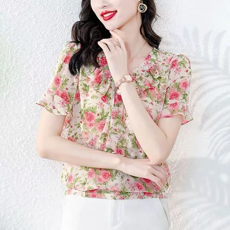 بلوزات شيفون أنيقة مطبوعة برقبة على شكل حرف v ملابس نسائية لصيف 2025 قمصان علوية أنيقة فضفاضة جديدة للمكتب للسيدات #3