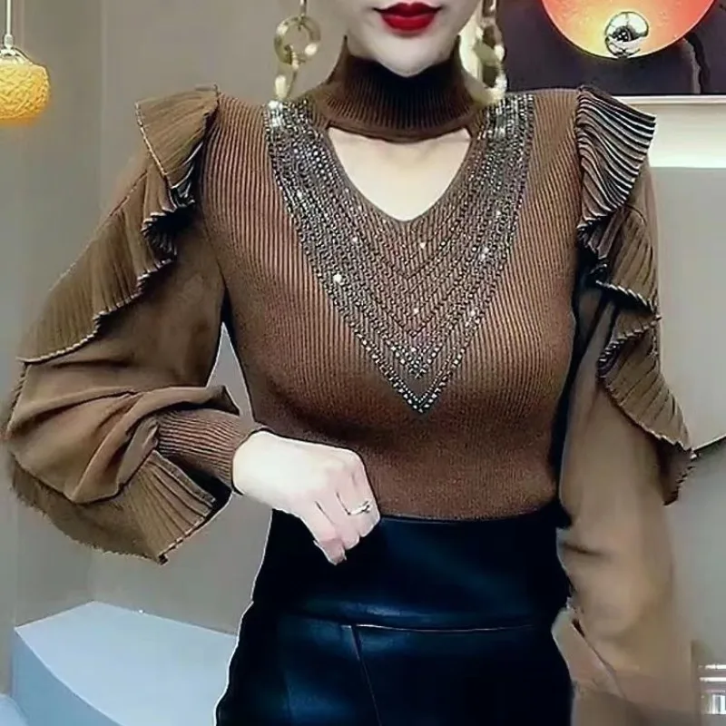 Women's Autumn Winter Fashion Solid Color Half High Neck Hollow Rhinestone Ruffle Edge Long Sleeve Slim Fit Sweater Shirt Tops