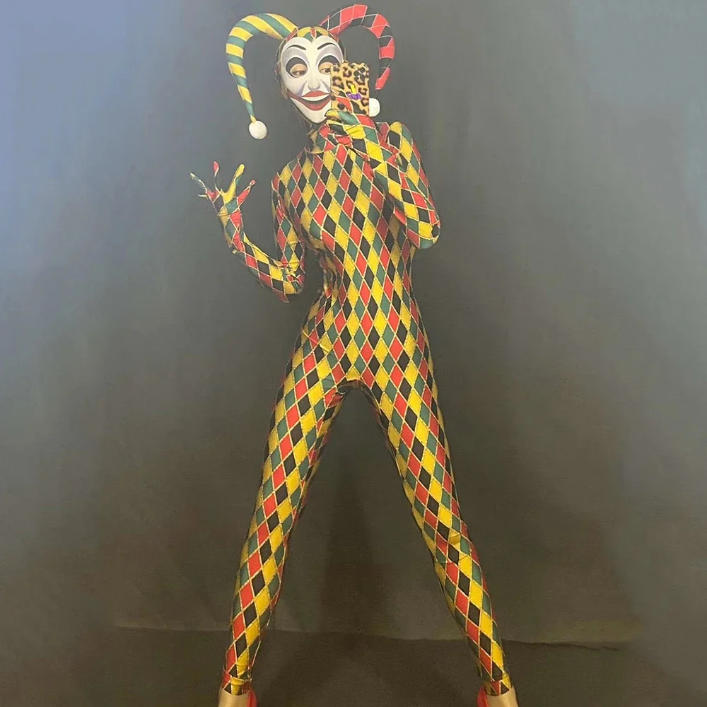 

Multi-Color Plaid Sknny Elastic Women Jumpsuit Long Sleeve Bodysuit Role-Playing Poker King Outfit Halloween Costumes Stage Wear
