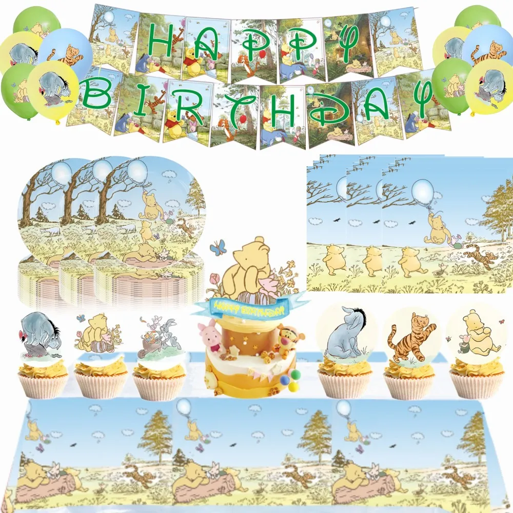 Disney Winnie the Pooh  Birthday Party Decorations Tableware Set Kids Favor Balloon Tablecloth Baby Shower Kids Party Supplies