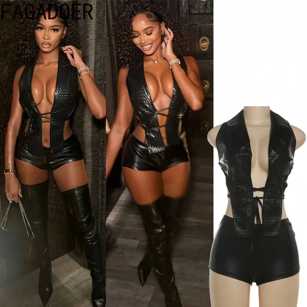 

FAGADOER Sexy Leather Patchwork Woman 2 Piece Set Outfit Halter Deep V-neck Backless Crop Top +shorts Matching Female Streetwear