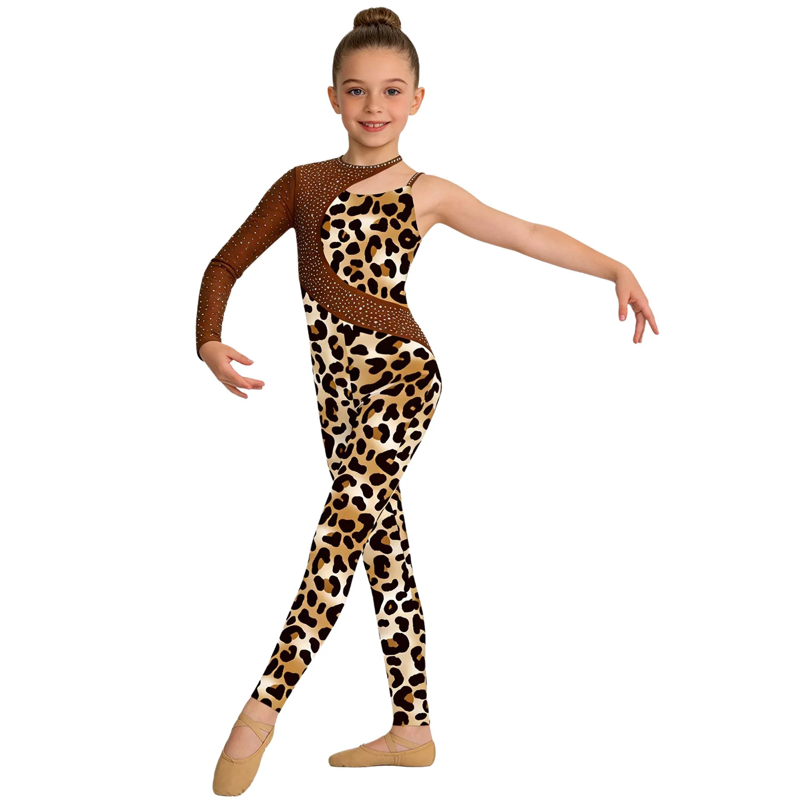 

Kids Girls Rhythmic Gymnastics Leotard Shiny Rhinestone One Shoulder Ballet Dance Unitards Figure Skating Acrobatics Jumpsuit