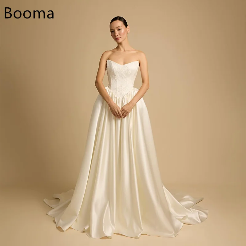 

Booma A-Line Strapless Satin Pearls Elegant Lace Pleat Lace Up Wedding Dresses Sleeveless Brides Gown Custom Made 2025